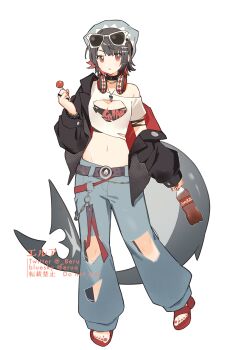 1girl alternate_costume beanie black_hair black_jacket black_tube_top blue_hat blue_pants bottle candy cleavage_cutout clothing_cutout cola collar colored_inner_hair commentary_request ellen_joe erua_(_8eru) eyewear_on_head fins fish_tail food full_body hat headphones headphones_around_neck highres holding holding_bottle holding_candy holding_food holding_lollipop jacket lollipop looking_at_viewer midriff mole mole_under_eye multicolored_hair nail_polish navel open-toe_shoes open_mouth pants plastic_bottle razor_blade_hair_ornament red_eyes red_nails red_shoes scar scar_on_tail shark_girl shark_tail shirt shoes short_hair simple_background single_bare_shoulder solo strapless sunglasses tail toenail_polish toenails torn_clothes torn_pants torn_shirt tube_top white-framed_eyewear white_background white_shirt zenless_zone_zero