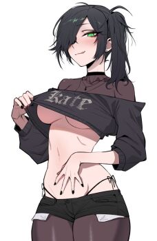 Rule 34 | 1girl, black hair, black pantyhose, black shorts, blush, breasts, closed mouth, clothes lift, clothes writing, commentary, commission, cowboy shot, cross, cross necklace, english commentary, green eyes, hair over one eye, highleg, highleg panties, highres, j.k., jewelry, light smile, long hair, looking at viewer, navel, necklace, off-shoulder sweater, off shoulder, original, panties, pantyhose, short shorts, shorts, side-tie panties, side ponytail, simple background, solo, sweater, sweater lift, tongue, tongue out, underboob, underwear, white background