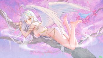 1girl atdan barefoot bird blue_bird blush breasts commentary egret_(animal) falling_petals feathered_wings flower from_side full_body gem hair_spread_out highres large_breasts long_hair looking_at_viewer lying lying_on_branch multicolored_hair on_stomach original parted_lips petals pink_flower red_gemstone sideboob soles solo streaked_hair the_pose very_long_hair white_bird white_wings wings yellow_eyes