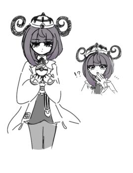 !? 1girl :o absurdres blunt_bangs bob_cut closed_mouth coat dress gloves gwynn_(pokemon) hat highres long_sleeves looking_at_viewer monochrome multiple_views nest_ball nintendo open_mouth partially_fingerless_gloves poke_ball pokemon pokemon_legends:_z-a short_hair sketch suzu_(pixiv_32232702) white_background