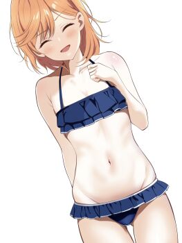 1girl bare_arms bare_legs bare_shoulders bikini blue_bikini blush borgbutler closed_eyes collarbone cowboy_shot facing_viewer false_smile flat_chest frilled_bikini frills highres love_live! love_live!_superstar!! navel open_mouth orange_hair shibuya_kanon short_hair simple_background smile solo swimsuit white_background