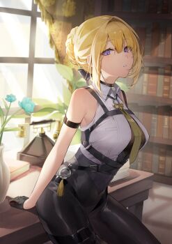 1girl absurdres black_gloves black_pants blonde_hair book breasts evelyn_chevalier gloves highres indoors izumi_kei library looking_at_viewer medium_breasts necktie pants purple_eyes shirt short_hair sitting sleeveless sleeveless_shirt solo white_shirt window yellow_necktie zenless_zone_zero