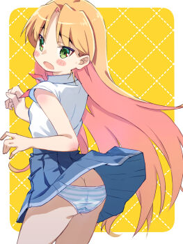1girl akayama_yukihe ass blonde_hair blush butt_crack from_behind green_eyes highres long_hair looking_back open_mouth panties petite pleated_skirt ruri_no_houseki skirt solo striped_clothes striped_panties tanigawa_ruri underwear