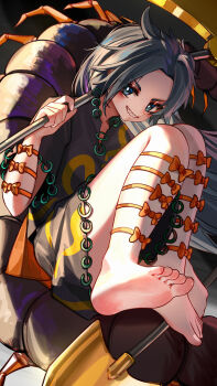 1girl absurdres arm_ribbon back_bow barefoot blue_eyes blue_hair bow bug centipede commentary_request full_body gold green_shirt green_skirt grin highres himemushi_momoyo holding holding_pickaxe holding_shovel jewelry kourou_(kouroukun) long_hair looking_at_viewer multiple_rings orange_bow orange_ribbon parted_bangs pickaxe ribbon ring shin_strap shirt short_sleeves shovel sitting skirt smile soles solo toes tools touhou very_long_hair waist_bow