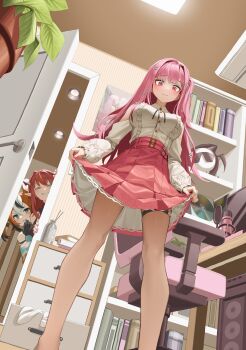 3girls :3 absurdres anya's_heh_face_(meme) blush book book_stack bookshelf breasts buttons cd ceiling center_frills chair closed_mouth clothing_cutout collared_shirt commentary computer death-sensei_(mori_calliope) desk eavesdropping feet_out_of_frame flower frilled_shirt frills from_below hair_flower hair_ornament hakos_baelz hakos_baelz_(1st_costume) hanho highres hololive hololive_english indoors irys_(hololive) large_breasts long_hair long_sleeves meme monitor mori_calliope mori_calliope_(kawaiiope) multiple_girls office_chair official_alternate_costume official_alternate_hairstyle one_side_up pink_hair pink_skirt plant potted_plant red_eyes shirt shirt_tucked_in shoulder_cutout side_ponytail skirt skirt_hold small_sweatdrop smug solo_focus standing swivel_chair symbol-only_commentary thigh_strap virtual_youtuber wavy_mouth white_shirt