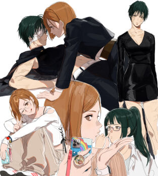 2girls bandages bandages_over_eyes burn_scar dress glasses green_hair highres jujutsu_kaisen jujutsu_tech_uniform kugisaki_nobara multiple_girls multiple_scars muscular muscular_female nonockha round_eyewear scar scar_on_arm scar_on_back scars_all_over short_hair smile too_many yuri zen&#039;in_maki