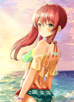 1girl aikawa_megumi ass atnamiret back bare_shoulders beach bikini blush bracelet braid breasts brown_hair closed_mouth clothing_cutout cloud crop_top evening frilled_bikini frills from_behind gradient_sky green_bikini green_eyes hair_between_eyes halterneck heaven_burns_red highres horizon jewelry layered_bikini long_hair looking_at_viewer looking_back medium_breasts multicolored_bikini ocean outdoors pink_hair see-through_clothes shirt shoulder_cutout side_ponytail sidelocks sky smile solo standing striped_bikini striped_clothes sunset swimsuit water yellow_shirt