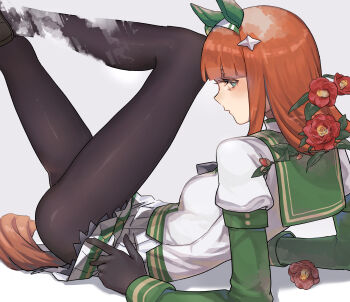 1girl absurdres animal_ears black_gloves black_pantyhose blue_eyes blunt_bangs blush bow ear_covers flower gloves green_eyes green_sailor_collar hair_ornament hairband highres hime_cut horse_ears horse_girl horse_tail legs_up long_hair long_sleeves lying on_back orange_hair orange_tail oshiri_seijin pantyhose parted_lips pleated_skirt sailor_collar shirt silence_suzuka_(innocent_silence)_(umamusume) silence_suzuka_(umamusume) simple_background skirt solo star_(symbol) star_hair_ornament tail umamusume white_background white_hairband white_shirt white_skirt
