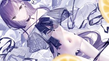 1girl atha_(leejuiping) bare_shoulders black_choker blue_eyes breasts choker crop_top crotch_plate dutch_angle fate/grand_order fate_(series) highres long_hair looking_at_viewer meltryllis_(fate) navel purple_hair revealing_clothes sleeves_past_wrists small_breasts solo very_long_hair