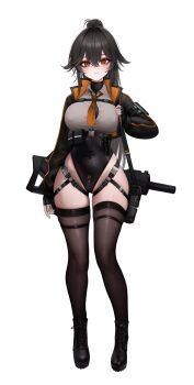 1girl black_boots black_hair black_jacket black_leotard boots brown_thighhighs chest_harness closed_mouth collared_shirt covered_navel cropped_jacket crotch_zipper expressionless full_body hair_between_eyes harness highleg highleg_leotard highres jacket leotard long_hair long_sleeves looking_at_viewer madan_(kkh8936) mole mole_under_eye necktie open_clothes open_jacket orange_eyes orange_necktie original ponytail shirt simple_background skindentation solo thighhighs weapon weapon_on_back white_background white_shirt