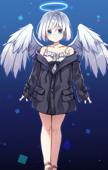 1girl absurdres angel black_skirt blue_background blue_eyes blue_theme character_request closed_mouth copyright_request ginnpatsubobu highres jacket long_sleeves looking_at_viewer shirt short_hair simple_background skirt solo swept_bangs two-tone_background virtual_youtuber white_wings wings zoirun