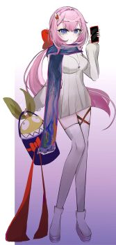 1girl 63_(lofter_258328038311) absurdres alternate_costume blue_scarf boots breasts bucket chinese_commentary commentary_request dress elf elysia_(honkai_impact) highres holding holding_bucket holding_phone homu_(honkai_impact) honkai_(series) honkai_impact_3rd large_breasts long_hair looking_at_viewer phone pink_hair pointy_ears scarf solo thighhighs thighs very_long_hair white_boots white_dress white_thighhighs zettai_ryouiki