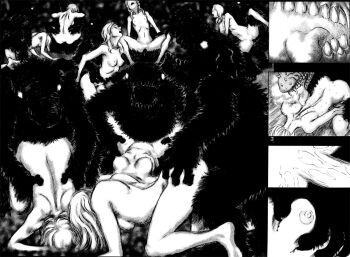 barefoot berserk blood breasts breeding rape cave completely_nude feet grabbing_another's_breast groping monochrome monster multiple_boys multiple_girls nipples nude official_art panels penis rape sex sex_from_behind troll