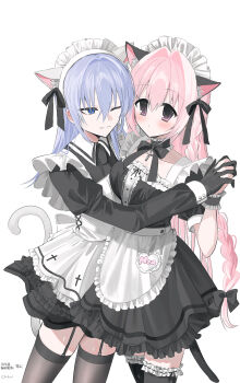 2girls ;) animal_ear_fluff animal_ears apron black_bow black_dress black_gloves black_thighhighs blue_eyes blue_hair blush bow braid breasts brown_thighhighs cat_ears cat_tail chihuri closed_mouth collarbone commentary_request dress ende_(chihuri) frilled_apron frilled_thighhighs frills garter_straps gloves hair_between_eyes hair_bow hair_intakes highres holding_hands interlocked_fingers juliet_sleeves long_hair long_sleeves maid maid_headdress medium_breasts multiple_girls nea_(chihuri) one_eye_closed original pink_hair puffy_short_sleeves puffy_sleeves purple_eyes ribbon-trimmed_thighhighs ribbon_trim short_sleeves simple_background smile tail thighhighs very_long_hair white_apron white_background wrist_cuffs yuri