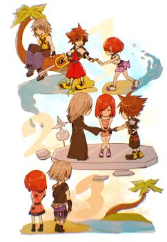 1girl 2boys age_progression black_boots black_coat_(kingdom_hearts) black_gloves black_hoodie boots brown_eyes commentary dress gloves grey_hair highres holding holding_weapon hood hooded_dress hoodie in_tree jacket kairi_(kingdom_hearts) keyblade kingdom_hearts kingdom_hearts_i kingdom_hearts_ii kingdom_hearts_iii medium_hair miniskirt multiple_boys pink_dress purple_skirt red_hair red_shorts riku_(kingdom_hearts) sera_(serappi) shoes short-sleeved_jacket short_dress short_hair short_sleeves shorts sitting sitting_in_tree skirt sora_(kingdom_hearts) toned toned_male tree weapon white_jacket yellow_gloves yellow_shoes