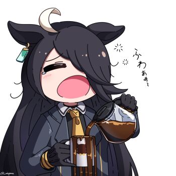 1girl ahoge animal_ears black_choker black_gloves black_hair black_jacket black_shirt choker closed_eyes coffee coffee_mug coffee_pot commentary cup earrings facing_viewer gloves hair_between_eyes hair_over_eyes highres holding holding_coffee_pot holding_cup horse_ears horse_girl jacket jewelry long_bangs long_hair long_sleeves manhattan_cafe_(umamusume) miyan_(oceanmaiden) mug multicolored_hair necktie one_eye_covered open_mouth shirt simple_background single_earring sleepy solo spill squeans text_background umamusume upper_body white_background white_hair yellow_necktie