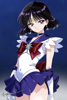 1girl arms_at_sides artist_name back_bow bishoujo_senshi_sailor_moon black_hair blue_background bow brooch choker circlet closed_mouth covered_navel cowboy_shot earrings elbow_gloves gloves gradient_background highres jewelry karenpi0717 legs_together looking_at_viewer magical_girl pleated_skirt purple_choker purple_eyes purple_sailor_collar purple_skirt purple_theme red_bow sailor_collar sailor_saturn sailor_senshi_uniform short_hair signature skirt smile solo standing star_(symbol) star_brooch star_choker tomoe_hotaru white_gloves