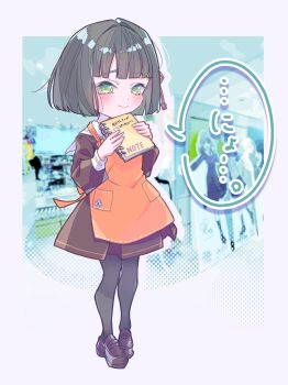 1girl absurdres apron black_pantyhose brown_dress brown_shoes colored_speech_bubble commentary_request dress gamers_(store) green_eyes hasu_no_sora_school_uniform highres holding holding_notebook kirisaki_nuko link!_like!_love_live! loafers long_sleeves looking_at_viewer love_live! medium_dress momose_ginko notebook orange_apron pantyhose pleated_dress sailor_collar sailor_dress school_uniform shoes solo speech_bubble virtual_youtuber white_sailor_collar winter_uniform