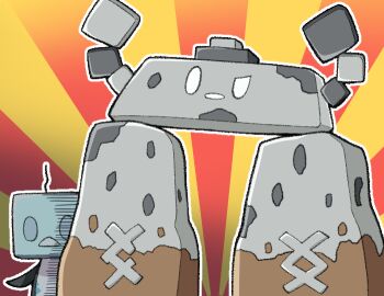 Rule 34 | arms up, commentary request, eiscue, eiscue (ice), gen 8 pokemon, katanagi1129, nintendo, no humans, outline, pokemon, pokemon (creature), pokemon focus, solid oval eyes, stonjourner, two-tone background, white outline