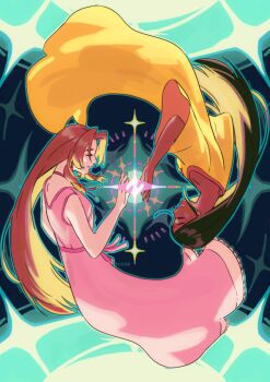 2girls absurdres aerith_gainsborough artist_name bindi black_hair brown_hair closed_eyes commentary dark-skinned_female dark_skin dress emi-bianchi english_commentary final_fantasy final_fantasy_vii floating glowing gundam hair_down highres indian lalah_sune long_hair multiple_girls pink_dress sparkle twitter_username yellow_dress