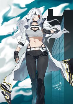 1girl absurdres baza belt black_choker black_gloves black_pants blue_eyes breasts choker cleavage cleavage_cutout clothing_cutout coat commentary_request commission commissioner_name eyepatch feet_out_of_frame fingerless_gloves floating_hair gloves high_collar highleg highleg_panties highres large_breasts long_coat long_hair midriff multi-source_commentary open_clothes open_coat original outdoors panties pants panty_straps parted_lips skeb_commission solo sports_bra thank_you underwear walking white_belt white_hair white_sports_bra yuki_(mianbaoloumeng)