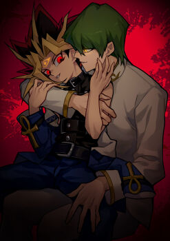 Rule 34 | 2boys, absurdres, ankh, arm around shoulder, arms up, belt, belt buckle, black belt, black hair, black shirt, blonde hair, blue jacket, blue pants, buckle, chinese commentary, closed mouth, commentary request, facial mark, forehead mark, glowing, glowing eyes, gold trim, green hair, hand on another's thigh, highres, jacket, kaiba seto, long sleeves, looking to the side, male focus, multicolored hair, multiple belts, multiple boys, pants, parted lips, red eyes, saka nagiya, shirt, short hair, sideways glance, sitting, sitting on lap, sitting on person, sleeveless, sleeveless shirt, smile, two-sided fabric, two-sided jacket, two-tone hair, white jacket, white pants, yami yugi, yaoi, yellow eyes, yu-gi-oh!, yu-gi-oh! duel monsters