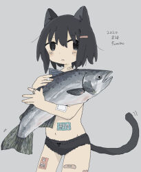 Rule 34 | 156m, 1girl, :o, animal, animal ears, bandaid, bandaid on hand, bandaid on leg, bandaid on neck, black eyes, black hair, black panties, blush, cat ears, cat girl, cat tail, commentary request, cowboy shot, dated, fish, fish request, gauze on arm, hair ornament, hairclip, highres, holding, holding animal, holding fish, looking at viewer, navel, no sclera, open mouth, original, panties, short hair, signature, solo, standing, sticker on leg, sticker on stomach, tail, translation request, underwear, underwear only