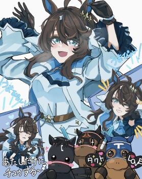 +_+ 1girl ahoge animal_ears babie black_hair blowing_kiss blue_eyes blush breasts daring_tact_(umamusume) hair_between_eyes hair_ornament highres horse horse_ears horse_tail looking_at_viewer medium_breasts one_eye_closed open_mouth solo star_(symbol) star_hair_ornament tail umamusume umapyoi_densetsu white_background