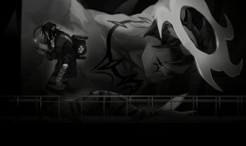 2boys anglerfish_boy br_not_here coat commentary english_commentary extra_arms fins folder giant halo head_fins highres holding holding_folder illicium indoors looking_at_another male_focus merman monster_boy multiple_boys one-eyed pressure_(roblox) reading ringed_eyes roblox sebastian_solace short_hair the_guardian_angel_of_the_banlands