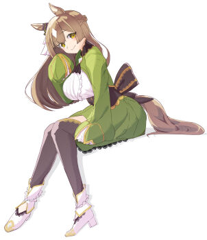 1girl absurdres animal_ears ascot black_thighhighs blush bow braid breasts brown_ascot brown_eyes brown_hair closed_mouth double-parted_bangs dress ear_ornament ear_ribbon frills green_dress green_jacket hair_between_eyes half_up_braid half_updo high-low_skirt highres hinokey_(hinokey0126) horse_ears horse_girl horse_tail jacket large_breasts long_hair long_sleeves looking_at_viewer multicolored_hair satono_diamond_(natural_brilliance)_(umamusume) satono_diamond_(umamusume) simple_background sleeves_past_fingers sleeves_past_wrists smile solo streaked_hair tail thighhighs umamusume very_long_hair white_background