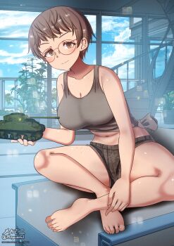 1girl blush breasts brown_eyes brown_hair camouflage camouflage_shorts cleavage closed_mouth collarbone freckles girls_und_panzer glasses grey_tank_top indoors large_breasts looking_at_viewer megadeko micro_shorts midriff naomi_(girls_und_panzer) navel short_hair shorts smile solo tank_top