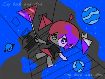 1girl ahoge black_dress blue_background chibi chibi_only commentary computer desk doomer_(synthesizer_v) dress drill_hair english_text highres holding indoors kasane_teto planet red_eyes red_hair solo symbol-shaped_pupils takulai twin_drills utau