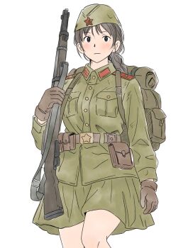 1girl backpack bag belt blush braid commentary_request gloves gogo_jolno gun hat highres holding holding_gun holding_weapon military military_uniform original pouch rifle simple_background soldier solo soviet soviet_army weapon white_background world_war_ii