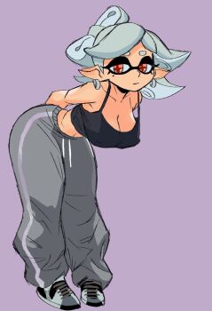 1girl alternate_costume arms_behind_back bent_over breasts cleavage collarbone covered_erect_nipples drawstring dumbwitchyy full_body grey_hair hanging_breasts inkling large_breasts leaning_forward looking_at_viewer marie_(splatoon) mole mole_under_eye navel nintendo pants pointy_ears purple_background red_eyes shoes sneakers solo splatoon_(series) standing sweatpants tank_top tentacle_hair