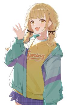 1girl absurdres black_ribbon blush braid commentary_request fang fujita_kotone gakuen_idolmaster hair_ornament hair_ribbon hairclip highres hood hood_down hooded_jacket idolmaster jacket long_hair long_sleeves looking_at_viewer open_clothes open_jacket open_mouth plaid_clothes plaid_skirt pleated_skirt purple_skirt ribbon sanjiao_hanshu shirt simple_background skin_fang skirt solo twin_braids unmoving_pattern white_background yellow_shirt zipper