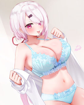 1girl aqua_bow aqua_bra aqua_panties artist_name blush bow bow_bra bow_panties bra breasts cleavage collarbone commentary_request festa11307070 floral_print floral_print_bra floral_print_panties hair_ornament hair_ribbon hairclip huge_breasts long_hair long_sleeves looking_at_viewer low_ponytail navel nijisanji open_clothes open_shirt panties pink_eyes pink_hair ponytail print_panties red_ribbon ribbon shiina_yuika shirt signature sleeves_past_wrists solo stomach thighs tongue tongue_out underwear virtual_youtuber white_background white_shirt