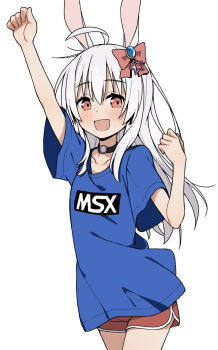 1girl ahoge animal_ears arm_up black_choker blue_shirt bow choker collarbone commentary_request cowboy_shot floating_hair gem gem_hair_ornament gym_shorts hair_between_eyes hair_bow hair_ornament highres indie_virtual_youtuber itami_sumihito light_blush logo long_hair msx open_mouth rabbit_ears rabbit_girl raised_fist red_bow red_eyes red_shorts shirt short_sleeves shorts simple_background smile solo star_(symbol) star_hair_ornament virtual_youtuber white_background white_hair