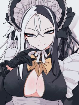 1girl alternate_costume black_hair blue_archive breasts cleavage_cutout clothing_cutout frills highres kai_(blue_archive) large_breasts looking_at_viewer maid maid_headdress multicolored_hair simple_background smile solo split-color_hair upper_body uumi_hinata white_background white_hair