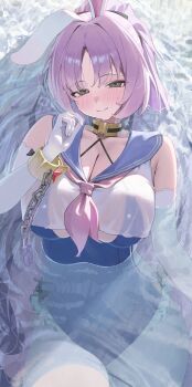 1girl absurdres animal_ears black_bow blue_one-piece_swimsuit blue_sailor_collar blush bow breasts chain cleavage collar commentary crop_top cuffs elbow_gloves gloves grey_hair highres lace lace-trimmed_gloves lace_trim large_breasts long_hair looking_at_viewer lying mixed-language_commentary mole mole_on_thigh multilingual_commentary neckerchief nikku_nana on_back one-piece_swimsuit partially_submerged pink_neckerchief purple_hair rabbit_ears sailor_collar shackles shia_(stella_sora) shirt smile solo stella_sora swimsuit water white_gloves white_shirt