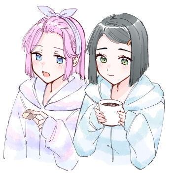 2girls alternate_costume anyoji_hime black_hair blue_eyes blue_hairband blue_jacket blush checkerboard_cookie closed_mouth coffee coffee_mug cookie cropped_torso cup food green_eyes hair_ornament hairband hairclip highres holding holding_cookie holding_cup holding_food hood hood_down hooded_jacket jacket link!_like!_love_live! long_hair long_sleeves looking_at_food love_live! momose_ginko mug multiple_girls open_mouth pink_hair purple_jacket short_hair sidelocks simple_background striped_clothes striped_jacket upper_body virtual_youtuber white_background zangemiya