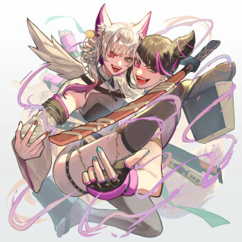 2girls :d absurdres angel_wings black_hair commission energy fangs hair_horns han_juri heterochromia highres lifting_person medium_hair multicolored_hair multiple_girls nail_polish open_mouth platform_sandals pointed_toes purple_hair sandals simple_background skeb_commission smile street_fighter sword takai_misa twintails two-tone_hair virtual_youtuber weapon white_hair wings