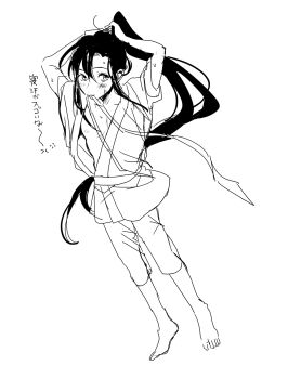 Rule 34 | 1boy, adjusting hair, amana raika, arms up, barefoot, blush, chinese clothes, closed mouth, commentary request, full body, greyscale, hair ribbon, hanfu, highres, long hair, male focus, modao zushi, monochrome, mouth hold, nipples, open clothes, open robe, pants, pectorals, ponytail, ribbon, ribbon in mouth, robe, sidelocks, simple background, sketch, sleeves rolled up, smile, solo, standing, sweat, tying hair, very long hair, wei wuxian, white background