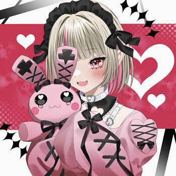 1girl :d alternate_costume belt belt_collar black_collar black_headdress black_ribbon blue_eyes collar commentary_request covering_one_eye detached_collar dress eyelashes fangs grey_hair heart highres holding holding_stuffed_toy long_sleeves makaino_ririmu makaino_ririmu_(5th_costume) multicolored_hair nijisanji open_mouth pink_dress pink_eyes pink_hair polka_dot polka_dot_background red_background ribbon short_hair skin_fangs sleeves_past_fingers sleeves_past_wrists smile solo streaked_hair stuffed_animal stuffed_rabbit stuffed_toy upper_body virtual_youtuber wanko_(yurika0320) white_background white_belt