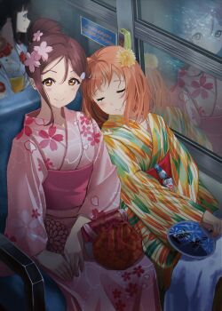 Rule 34 | 3girls, absurdres, blush, bus, bus interior, cherry blossom print, closed mouth, floral print, flower, hair between eyes, hair bun, hair flower, hair ornament, hand fan, highres, holding, holding fan, japanese clothes, kimono, kurosawa dia, looking at viewer, love live!, love live! sunshine!!, medium hair, moshi (0364p), motor vehicle, multicolored kimono, multiple girls, obi, orange flower, orange hair, pink flower, pink kimono, pocketbook, pouch, red hair, reflection, sakurauchi riko, sash, single hair bun, sitting, sleeping, smile, takami chika, window, yukata