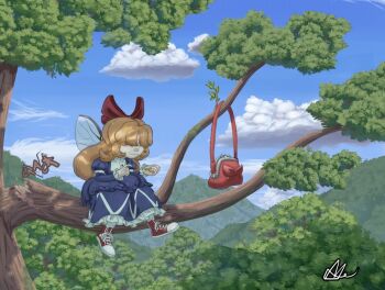 Rule 34 | 1girl, bag, blonde hair, blue dress, borrowed character, bow, closed eyes, coin, commentary, dress, english commentary, fairy, fairy wings, forest, hair bow, handbag, holding, holding coin, in tree, long sleeves, nature, original, pelonchas art, red bow, red shoes, shoes, signature, sitting, sitting in tree, sitting on branch, smile, sneakers, solo, sound effects, tipsy iizai (jomun), touhou, tree, wings