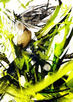 1girl absurdres bad_id bad_twitter_id black_gloves closed_mouth dress duet_night_abyss from_behind gloves green_eyes green_theme hair_ornament highres long_hair lue_(llue_l) profile psyche_(duet_night_abyss) solo white_hair