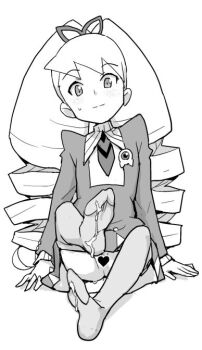 1girl bad_id bow censored cum cum_on_legwear drill_hair greyscale hair_bow heart heart_censor heriyama loli long_hair looking_at_viewer luna_platz_(mega_man) mega_man_(series) mega_man_star_force_(series) monochrome pantyhose pussy pussy_peek simple_background sitting smile sweatdrop twin_drills very_long_hair white_background