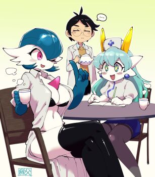 -_- ... 1boy 2girls ahoge alternate_color black_hair black_thighhighs blue_hair blue_skin blue_skirt bob_cut breasts chair chichibu_(watson) closed_eyes colored_skin commission cup dr._voir_(nanosheep) earrings furry gardevoir gen_3_pokemon glasses holding holding_cup holding_teapot jewelry kirlia lab_coat long_hair multicolored_skin multiple_girls nanosheep_(character) nintendo on_chair one_eye_closed open_mouth pink_eyes pokemon pokemon_(creature) shiny_pokemon signature sitting skirt smile table teacup teapot thighhighs two-tone_skin white_skin