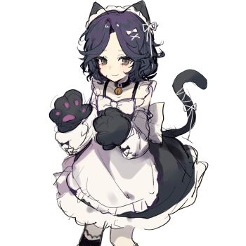 1girl alternate_costume animal_ears animal_hands apron bare_shoulders bell black_dress black_eyes black_hair black_socks blush bow cat_ears cat_girl cat_tail choker closed_mouth collar detached_sleeves dress enmaided frills gloves hair_ornament highres identity_v jingle_bell kneehighs long_sleeves looking_at_viewer maid maid_headdress margaretha_zelle neck_bell parted_bangs paw_gloves shangxindelucha6026 short_hair simple_background sketch sleeveless sleeveless_dress smile socks solo tail tail_bow tail_ornament white_apron white_background white_bow