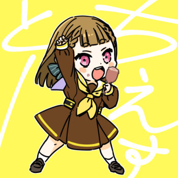 1girl :d black_bow black_shoes blush_stickers bow braid brown_dress brown_hair center-flap_bangs chesto_(phrase) commentary_request corn_dog deformed dress food food_on_face full_body hair_bow hasu_no_sora_school_uniform holding holding_food kachimachi_kosuzu link!_like!_love_live! loafers long_hair looking_at_viewer love_live! neckerchief open_mouth pink_eyes pinstripe_bow sailor_collar sailor_dress school_uniform shinanoya_(satanicad) shoes side_braids smile socks solo text_background virtual_youtuber white_sailor_collar white_socks winter_uniform yellow_background yellow_neckerchief